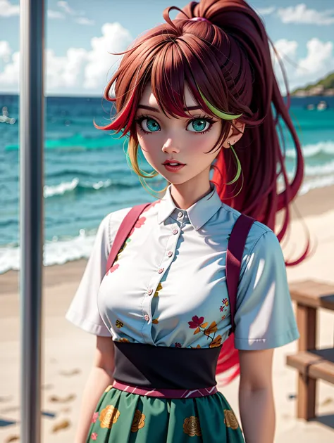 anime girl with red hair and green eyes standing on a beach