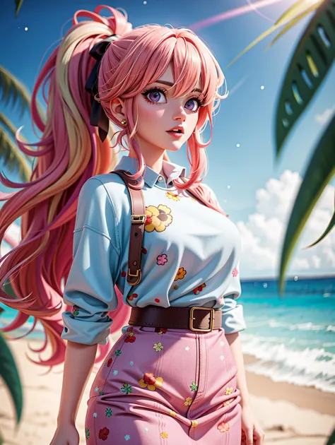 a close up of a person with a pink hair and a dress