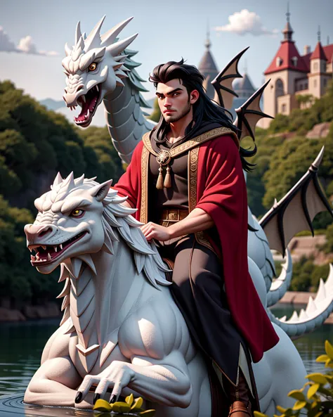 arafed male in a red robe riding a white dragon