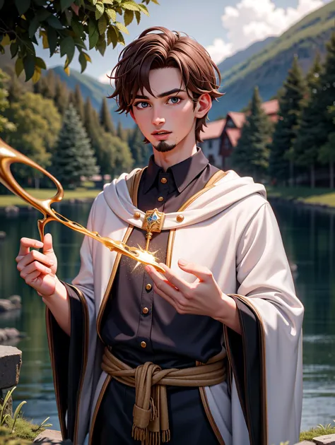 a close up of a person holding a wand near a body of water