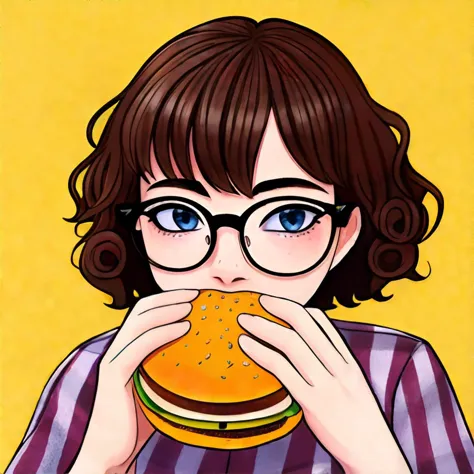 a close up of a person eating a hamburger with glasses on