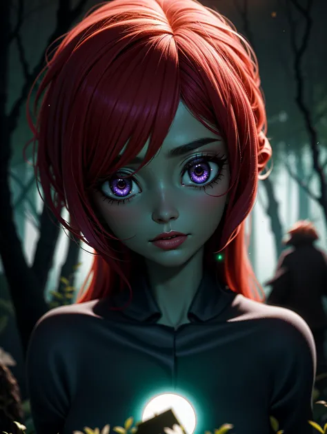 a close up of a person with red hair and a green light