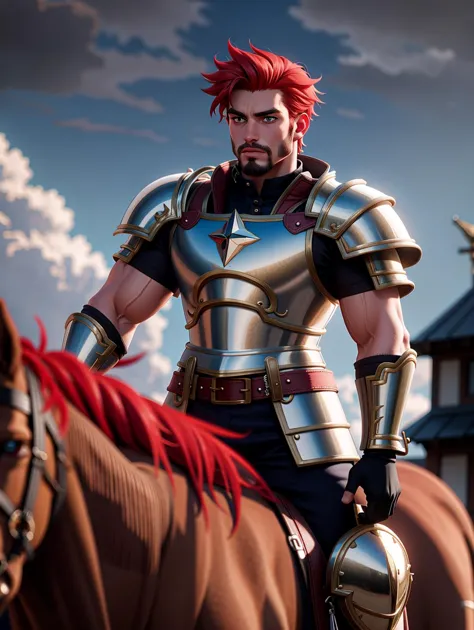 ((masterpiece), best quality, high quality, professional quality, highly detailed, highres, perfect lighting, natural lighting), (1boy, muscular, handsome, goatee, short hair, red hair), wearing armor, riding a horse, in a fantasy town, perfecteyes eyes, <lora:lora_perfecteyes_v1_from_v1_160:1>