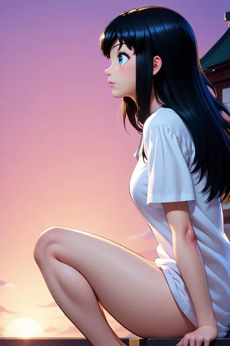 anime girl sitting on a ledge looking out at the sunset