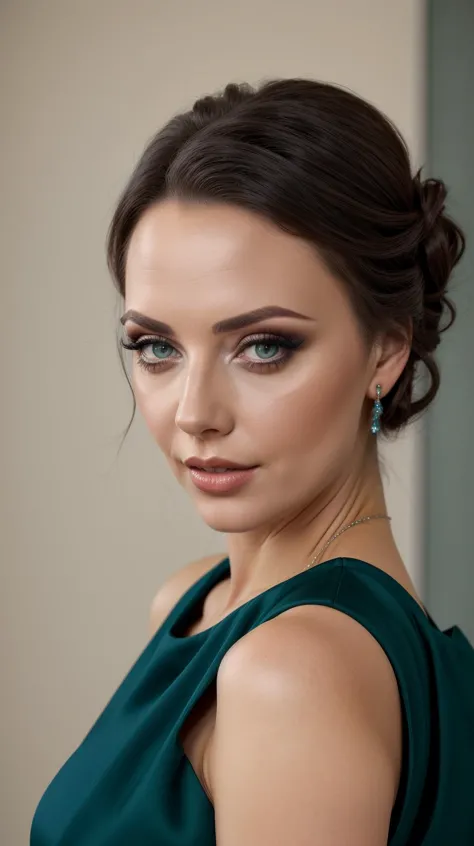 <lora:Adeline_Dupont:1> black updo hair, green eyes, mature, full lips, solo, upper body, looking at viewer, elegant dress,  blue background, simple background, <lora:LORA-XenoDetailer-v2:1>