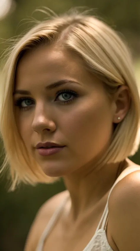 blond woman with blue eyes and a white tank top posing for a picture