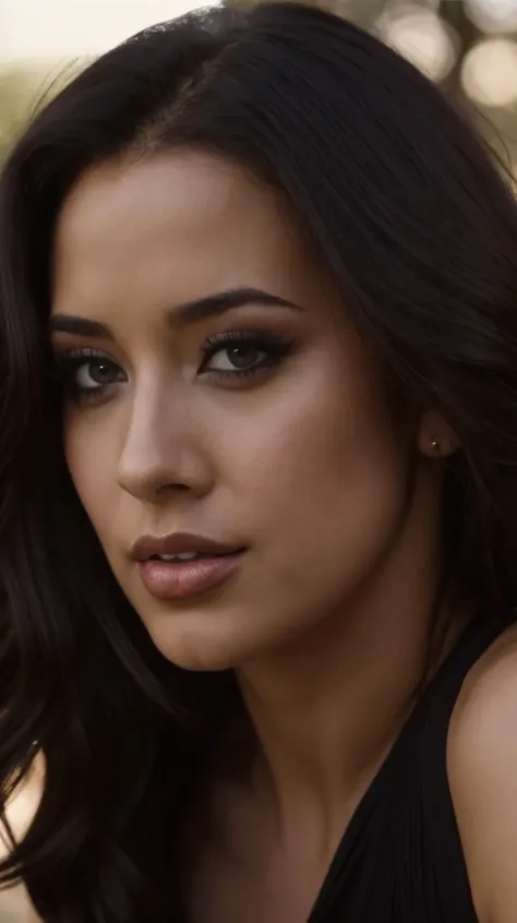 a close up of a woman with long hair and a black dress