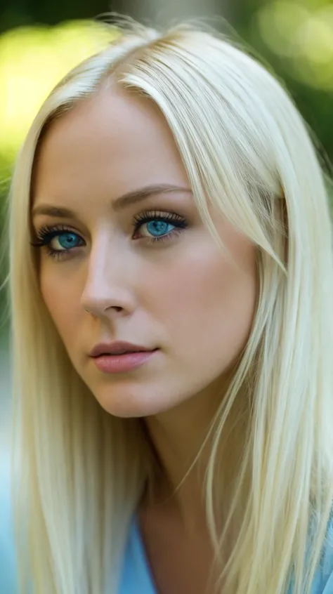 a close up of a woman with long blonde hair and blue eyes