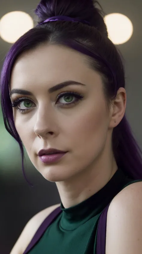 a close up of a woman with purple hair and a green top