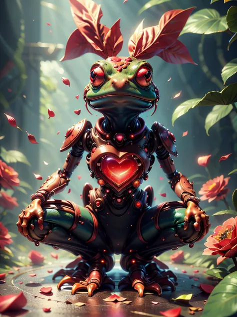 (no human:1.3), illustrious, Darling, cute frog animal, big eyes, dancing on leaves and flower petals, (colorful: 1.2), 3d, valentinetech, scifi, tasty details