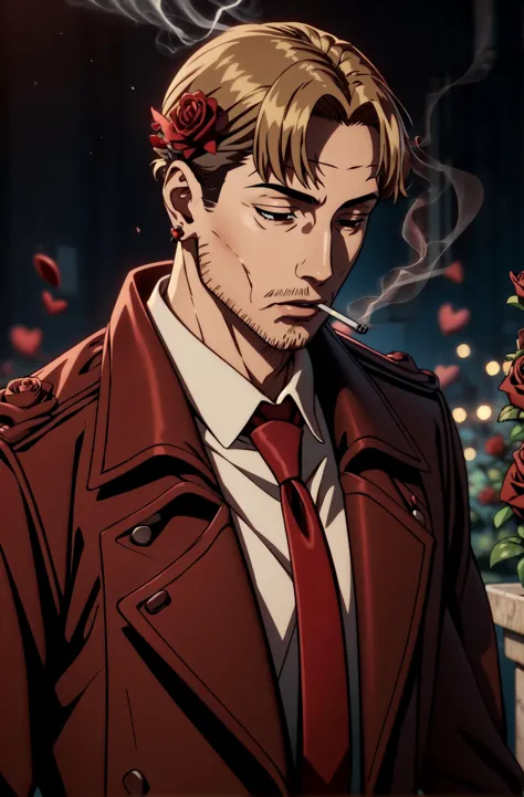 a close up of a man in a red coat and tie smoking a cigarette