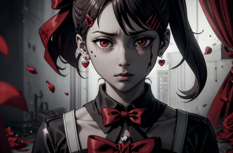 anime girl with red eyes and a bow tie in a room