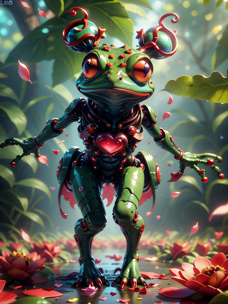 (Aucun humain:1.3), illustre, chéri, animal grenouille mignon, gros yeux, danser sur les feuilles et les pétales de fleurs, (Coloré: 1.2), 3D, valentinetech, science-fiction, détails savoureux