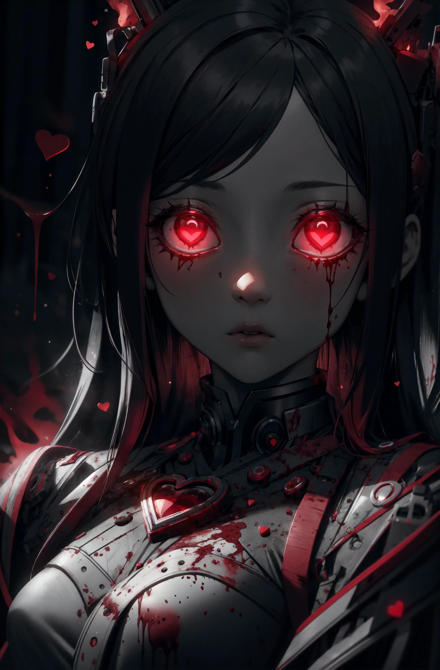 (masterpiece, best quality, detailed), valentinetech, (black and red, monochrome:1.2), solo, close-up, (expressionless:1.2), closed mouth, empty eyes blood on clothes, bloody, 1girl, sleepy, small breasts, flames, sparks, BREAK glowing eyes, dim light,