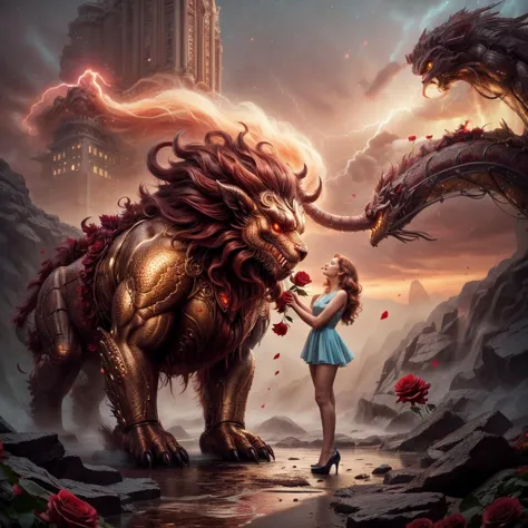 a woman standing next to a giant dragon with a woman in a blue dress