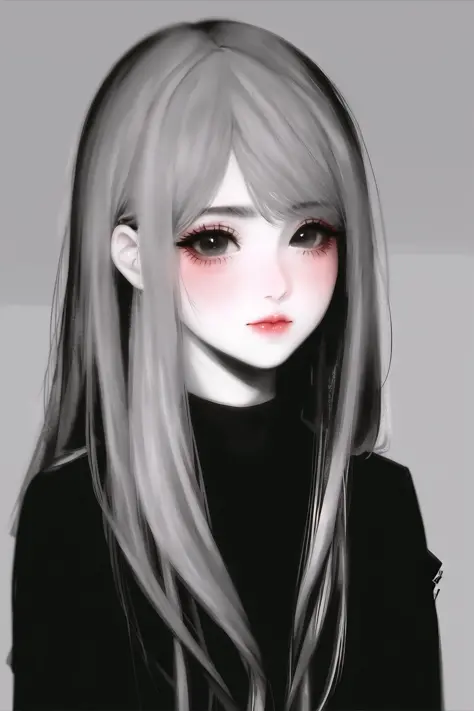 1girl, bangs, black eyes, black shirt, blush, closed mouth, eyelashes, grey background, grey hair, kyrie-style, lips, long hair, looking at viewer, monochrome, pale skin, parted bangs, shirt, solo, upper body,(masterpiece),(best quality)