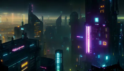 a close up of a city at night with neon lights