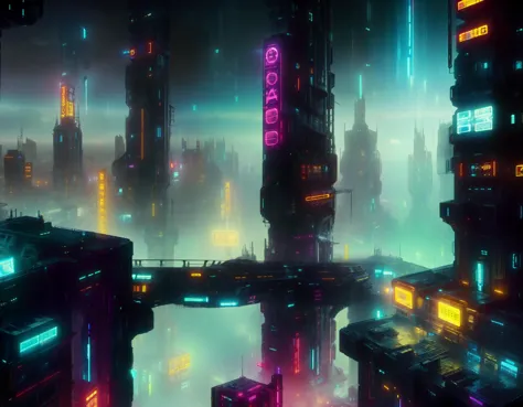 a view of a futuristic city with neon lights and a bridge