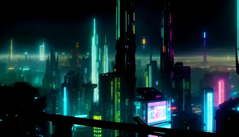 a close up of a city at night with neon lights