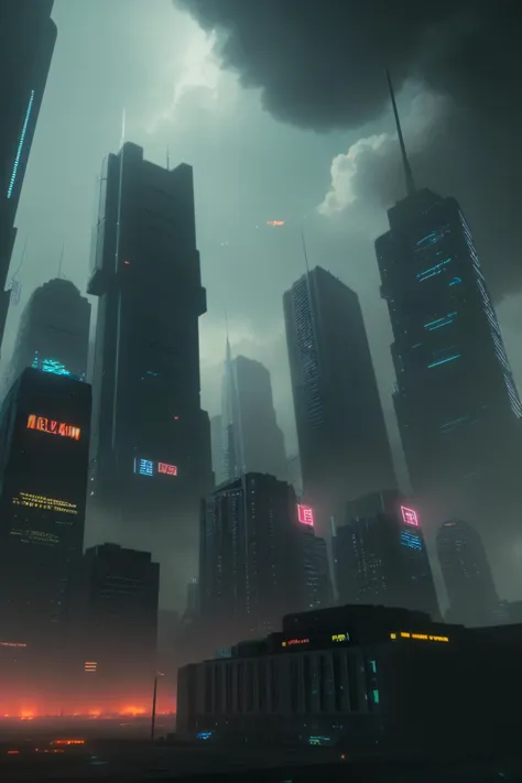 a dark city with skyscrapers and neon lights in the distance