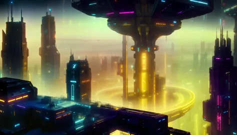 a close up of a futuristic city with a futuristic tower