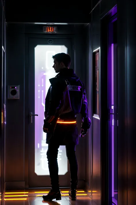 arafed man standing in a hallway with a neon vest