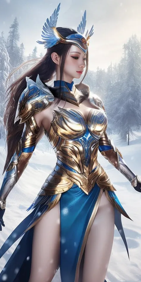 a woman in a blue and gold outfit holding a sword