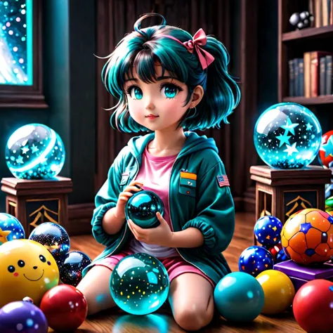 art, glass orb, stars, cute, girl, Teal, Trompe, Surrounded by her favorite toys <lora:hands:1>  <lora:perfection style:1> <lora...