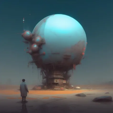 arafed image of a man standing in front of a giant balloon