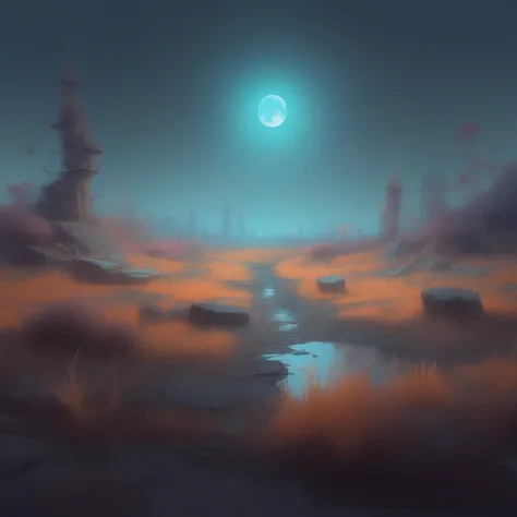 a painting of a desert with a moon in the sky