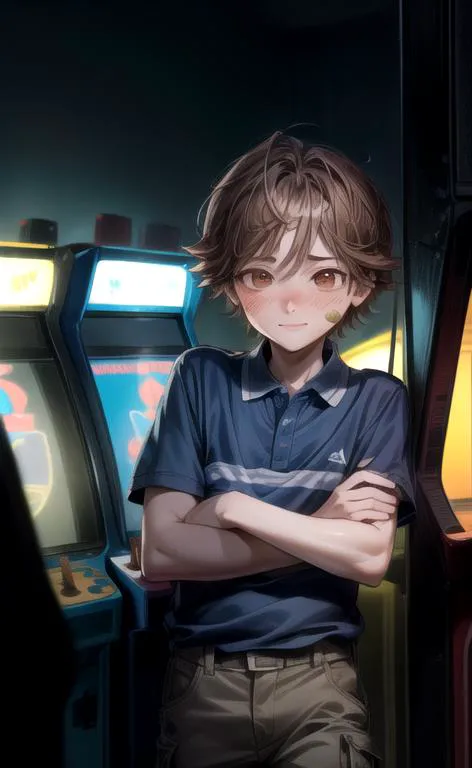 a boy standing in front of a game machine with his arms crossed