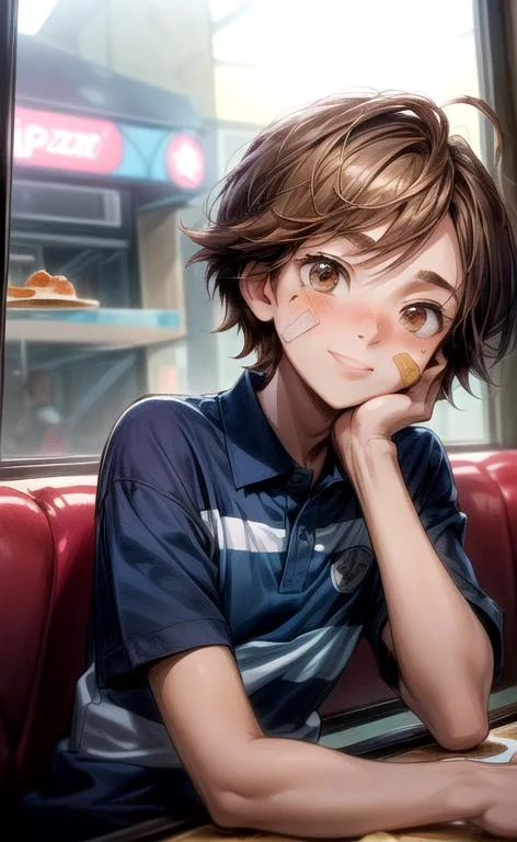 anime boy sitting at a table with a donut in his hand