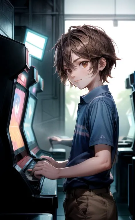 (masterpiece, perfect anatomy, best quality:1.3), (upper body from side look back eye contact:1.3), detailed adorable face, <lora:FNaFGregory:0.6> FNaFGregory, AS-YoungerV2 male focus,  inside detailed arcade standing still playing games, (smile lip-gloss, Band-Aid on face cheek), (chin-length brown hair, beautiful brown eyes), (blue polo with two horizontal stripes, tan cargo shorts), chiaroscuro, volumetric lighting, volumetric shading, high resolution, extreme detail,  <lora:more_details:1> <lora:Arcade:0.6>