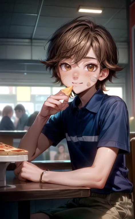 anime boy eating a piece of pizza at a table in a restaurant