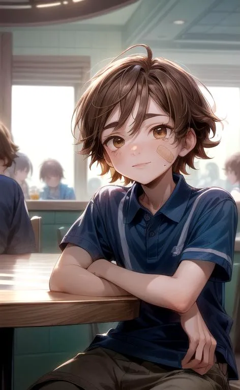 a boy sitting at a table with his arms crossed