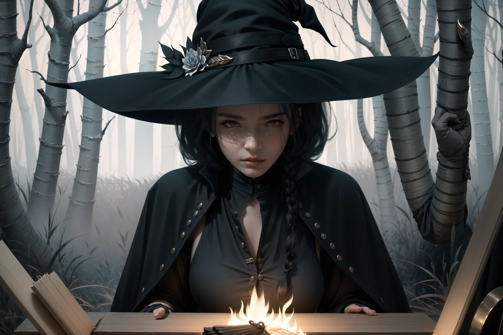 witch, dark, forest, wool coat, masterpiece, best quality,  wlop