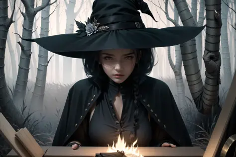 witch, dark, forest, wool coat, masterpiece, best quality,  <lora:wlopStyleLora_v1:1>, wlop