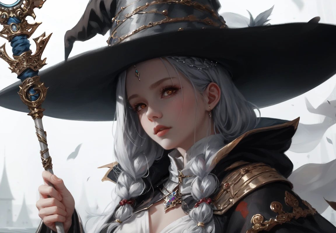 wlop, silver hair, witch, jewelry, cute girl, eastern, white wizard staff

