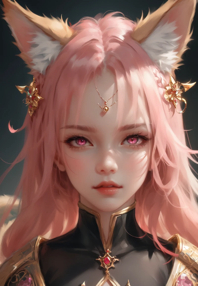 wlop, beautiful girl, jewelry, hair ornament, cute face, pink eyes, fox ears
