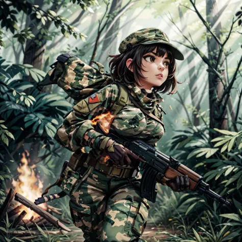 1girl, running, view from below, <lora:Army uniform By Stable yogi:1> wearing army camouflage uniform, pants, rangers, cap, forest, camp, firering, under attack,bullet holes, aiming at enemies, <lora:BouncingBreastsV2:1> bouncing breasts, unaligned breasts, motion lines, motion blur, breasts, short hair <lora:ak47_7:0.6> assault_rifle, ak-47, holding, weapon <lora:add_detail:1>