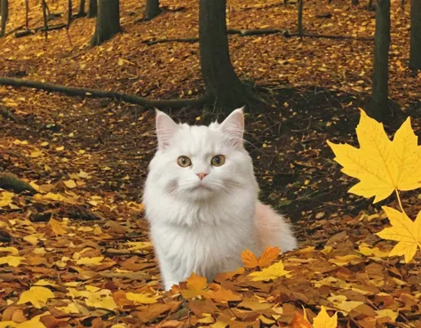 there is a white cat sitting in the leaves in the woods