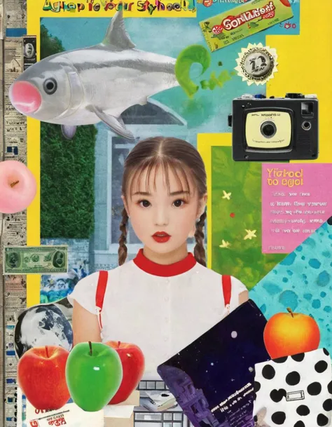 there is a collage of a girl with a camera and a fish