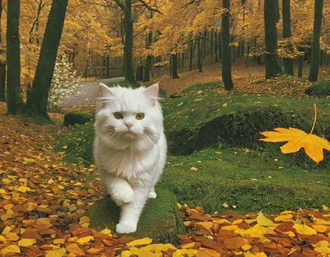 there is a white cat walking on a rock in the woods