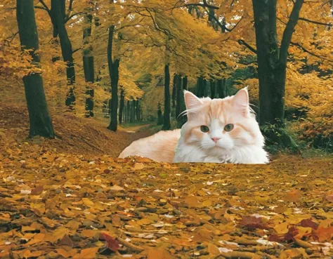 there is a cat that is laying down in the leaves