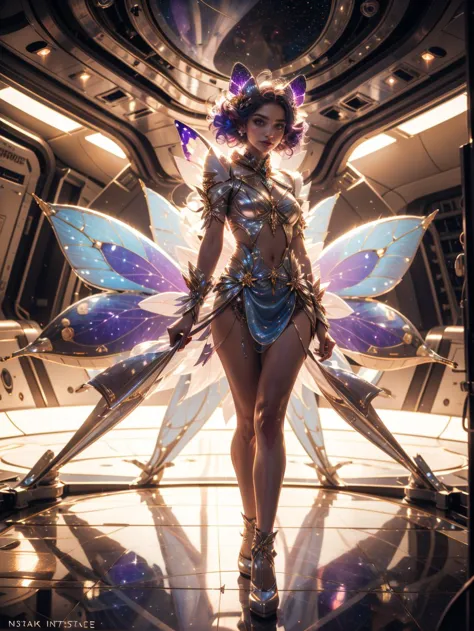 <lora:TCTH-Fairy:0.6> fairy, butterfly_wings,gem,standing,full body,vibrant colors, (((on a spaceship, spacecraft interior))), s...