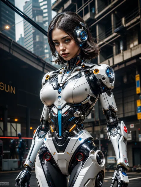 female, woman robot cyborg,corporate model,manufacturer logos,  complex detailed mechanical parts, glossy hard steel, scifi materials,advanced electronics, cyberpunk scene,    