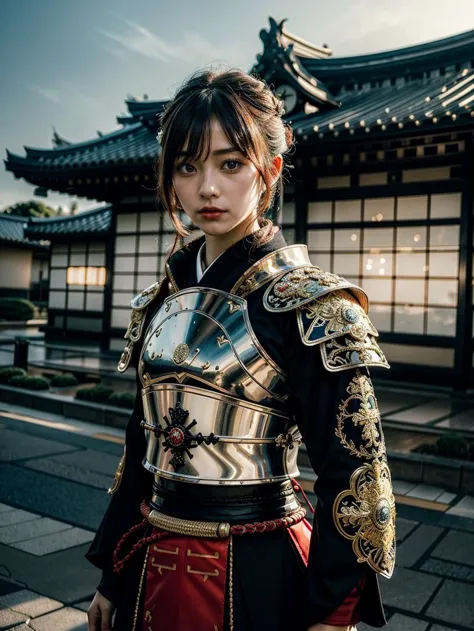 日本女武士穿花絲武士盔甲, 日本豪華城堡背景, 動作姿勢, 電影燈光, 4k, 萬塔布萊克  