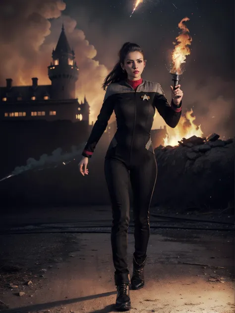 a woman in a black suit holding a wand and a fire