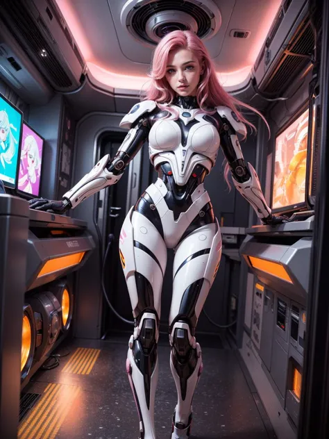 ((Masterpiece, best quality)), (8k, RAW photo, best quality, masterpiece:1.2), (realistic, photo-realistic:1.37), ultra high res, ultra-detailed ,full body, ((full-body shot)), woman, (((cyberpunk spaceship spacecraft interior))), reclining seductively, beautiful detailed eyes, beautiful detailed lips, professional lighting, photon mapping, radiosity, physically-based rendering, detailed symmetrical lips, extremely detailed eyes and face, symmetrical mouth, extremely detailed face, symmetrical eyes ,detailed eyebrows, extremely detailed eyes, beautiful detailed eyes, extremely detailed face , light on face, (full body), looking at viewer, ((orange and pink and purple hair)), ((long hair)), ((fairy)), ((mecha suit)), ((neon mechanical parts)), ((cyberpunk)), ((legs)), ((energy core at center of body)), _stardeaf-cold-arc_ ((octane render))