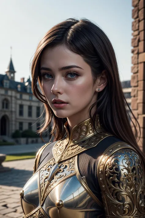 (masterpiece), (extremely intricate:1.3), (realistic), portrait of a girl, the most beautiful in the world, (medieval armor), metal reflections, upper body, outdoors, intense sunlight, far away castle, professional photograph of a stunning woman detailed, sharp focus, dramatic, award winning, cinematic lighting, octane render, unreal engine, volumetrics dtx, (film grain)